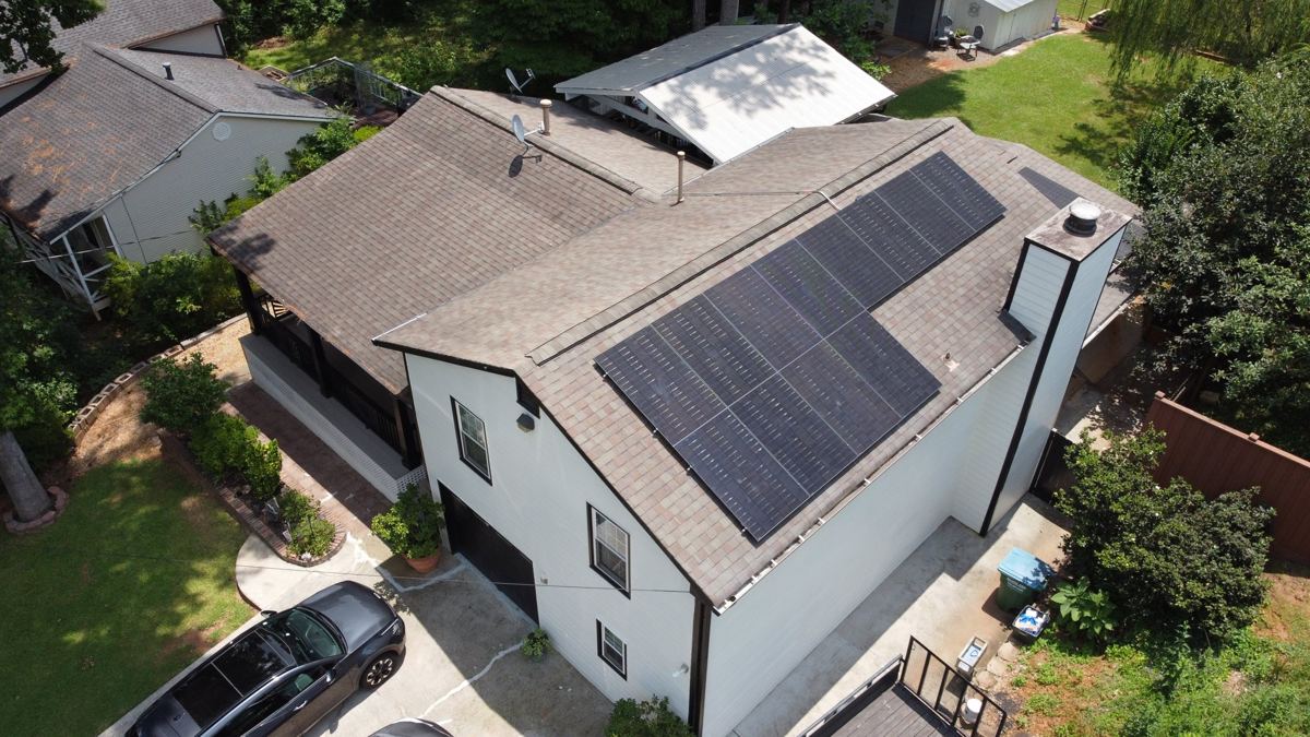 Aerial view of a rooftop solar installation in Marietta, GA